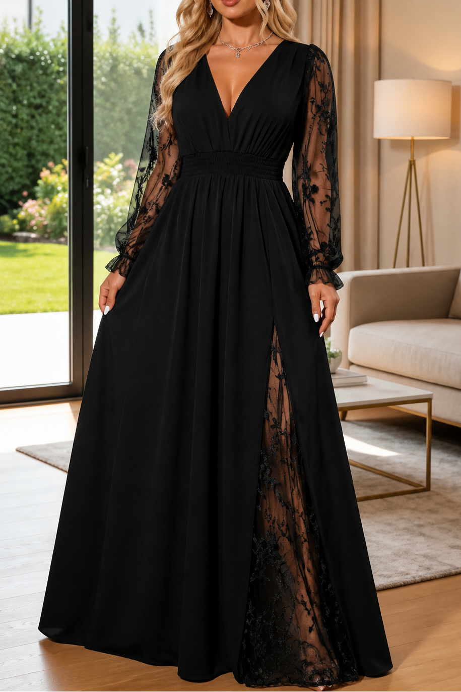 Wearbella – Sukienka maxi z koronkowymi rękawami w kształcie litery A
