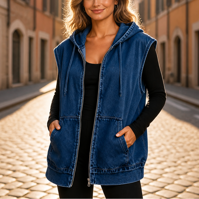 Wearbella – Oversized Kamizelka z Kapturem w Stylu Dżinsowym