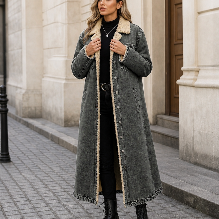 Denora – Długi płaszcz dżinsowy z podszewką z teddy