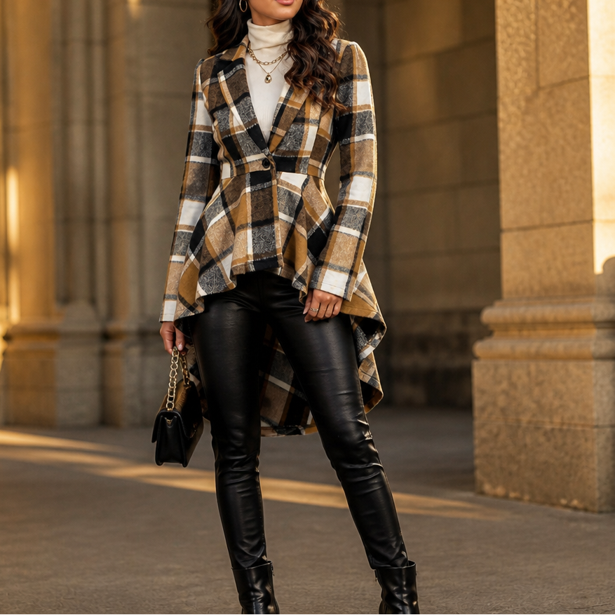 Wearbella – Płaszcz Peplum w Kratę z Wcięciem w Talii