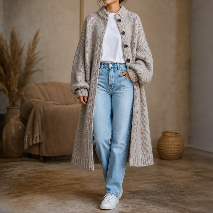 Wearbella – Gruby Sweter-Kurtka z Guzikami do Kolan