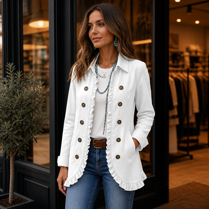 Ruffle &amp; Row – Kurtka dżinsowa z falbankami i guzikiem z przodu