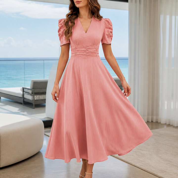 Wearbella – Sukienka midi z marszczonym pasem i bufiastymi rękawami w dekolcie w serek