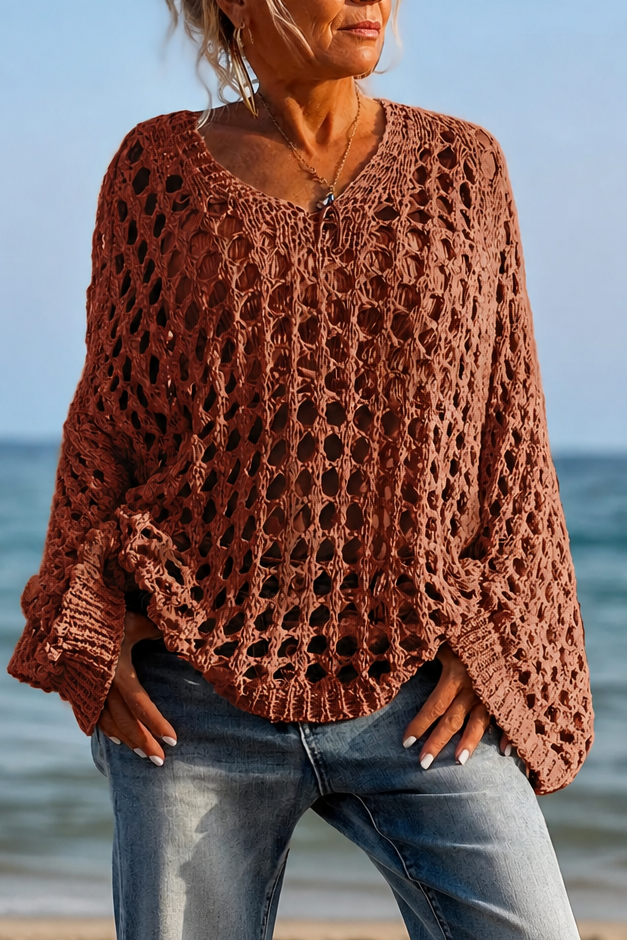 Sunlace – Sweter Oversize z Otwartych Splotów na Ramię