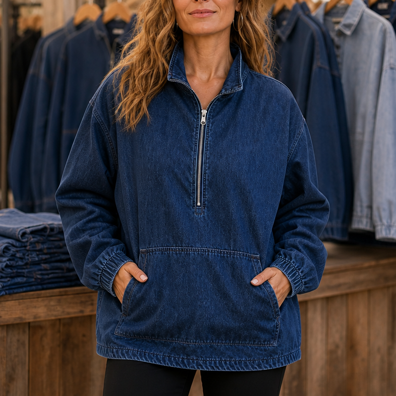 Half-Zip Haven – Pulower z połową zamka w wyglądzie prania dżinsu