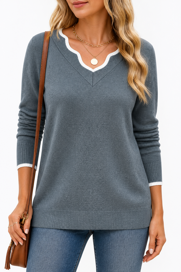 Wearbella – Sweter z falbaniastym wykończeniem przy dekolcie w kształcie litery V