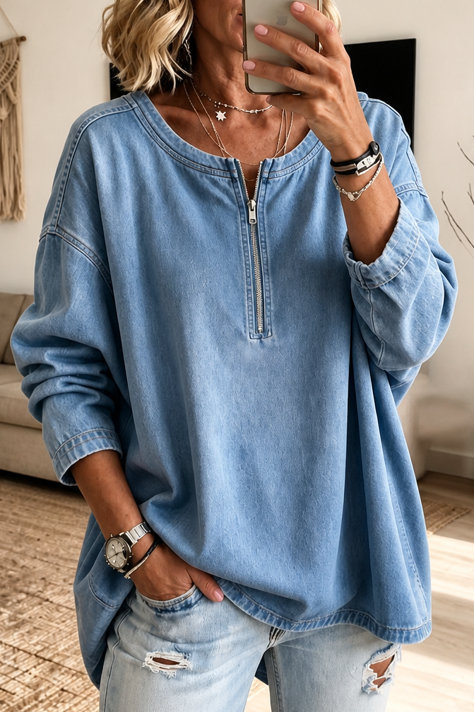Zipdenim – Bluzka z półzamkiem w stylu dżinsowym