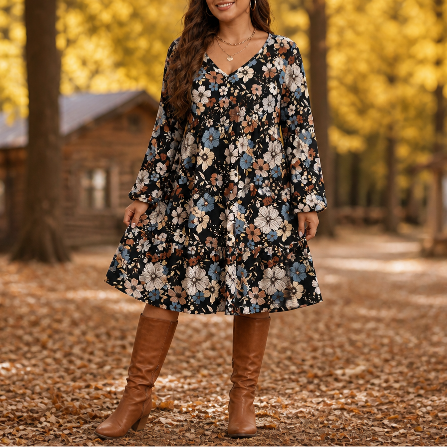 Maple Muse – Midi Sukienka w Roślinne Wzory