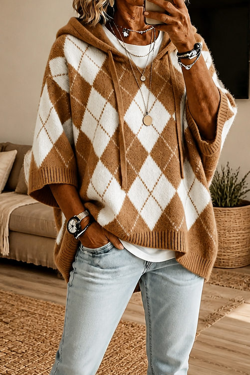 Wrapbella – Sweter Poncho z Kapturem w Wzór Argyle