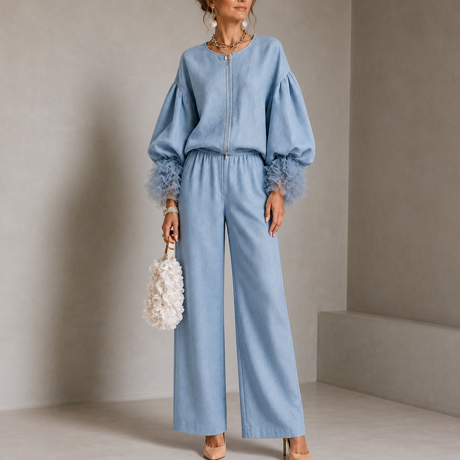 Wearlyn – Zestaw topu z balonowymi rękawami i spodniami z tiulowymi mankietami