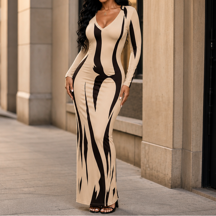 Vivelyn – Drukowana Sukienka Maxi Bodycon z Długim Rękawem