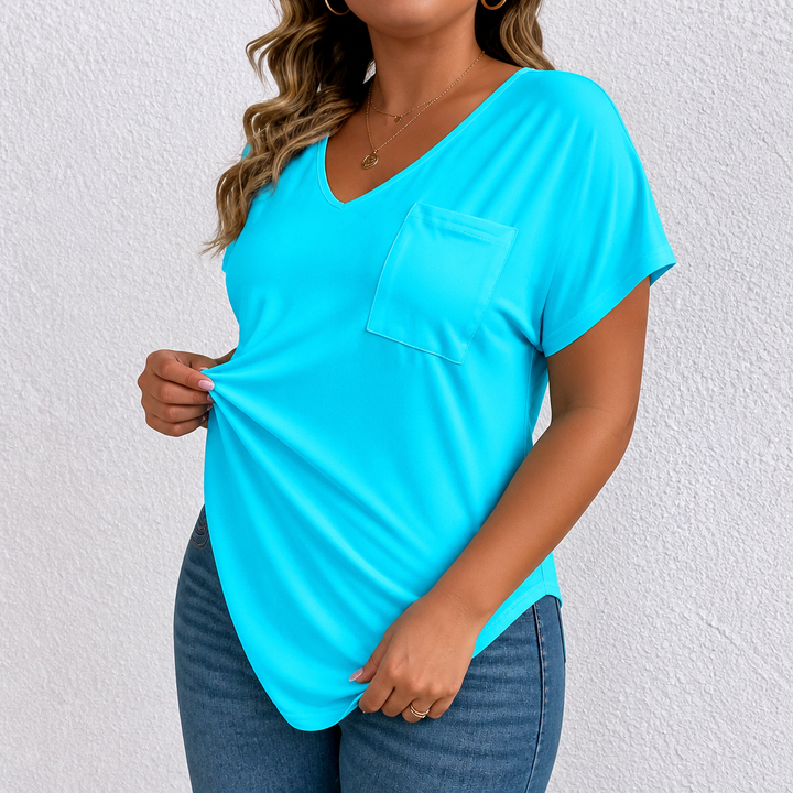 Draperie – T-shirt z dekoltem w serek i rękawami dolman, o asymetrycznym dole