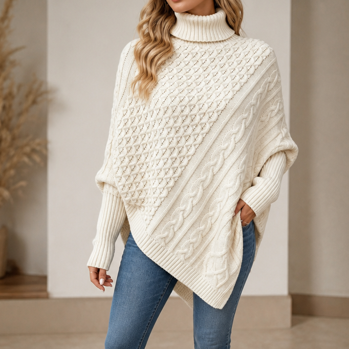 Cable &amp; Cove – Sweter Poncho z Golfem w Warkocze