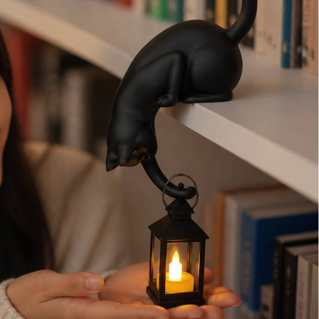 Ledgekit – Figurki kota na krawędzi półki z latarnią LED