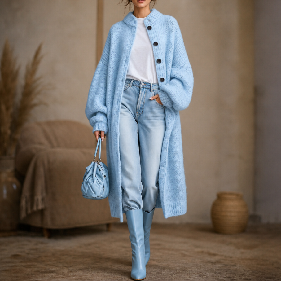 Wearbella – Gruby Sweter-Kurtka z Guzikami do Kolan