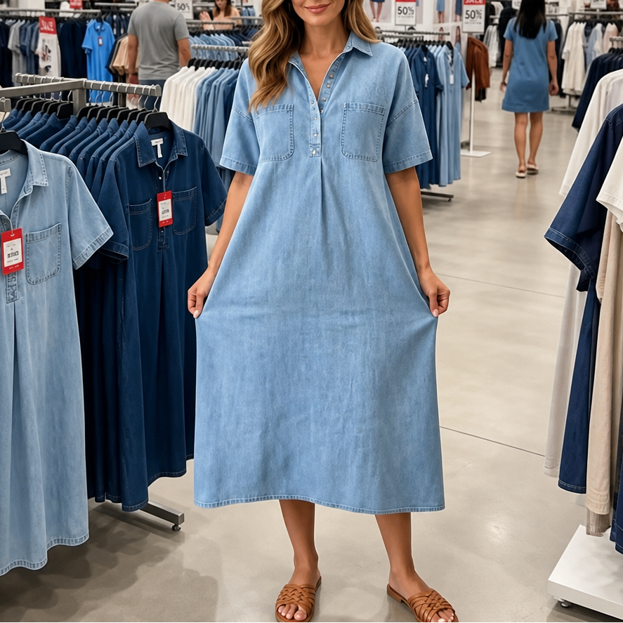 Denimly – Sukienka Midi z Kołnierzykiem i Kieszeniami