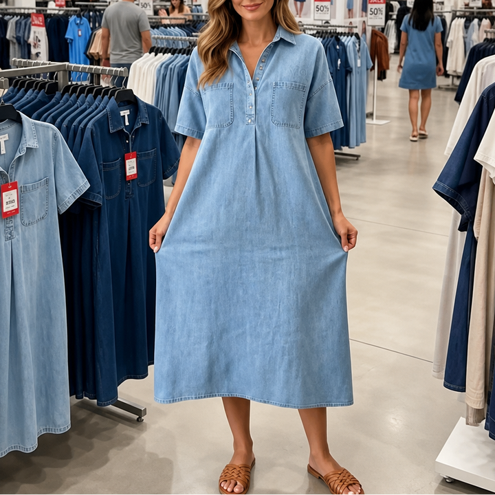 Denimly – Sukienka Midi z Kołnierzykiem i Kieszeniami