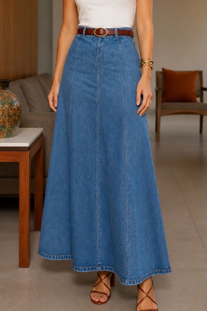 Wearbella – Spódnica Maxi Dżinsowa w Stylu A z Wysokim Stanem
