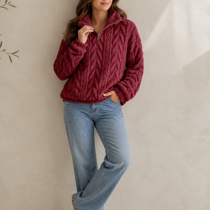 Cable &amp; Cozy – Sweter z dzianiny warkoczowej z krótkim zamkiem