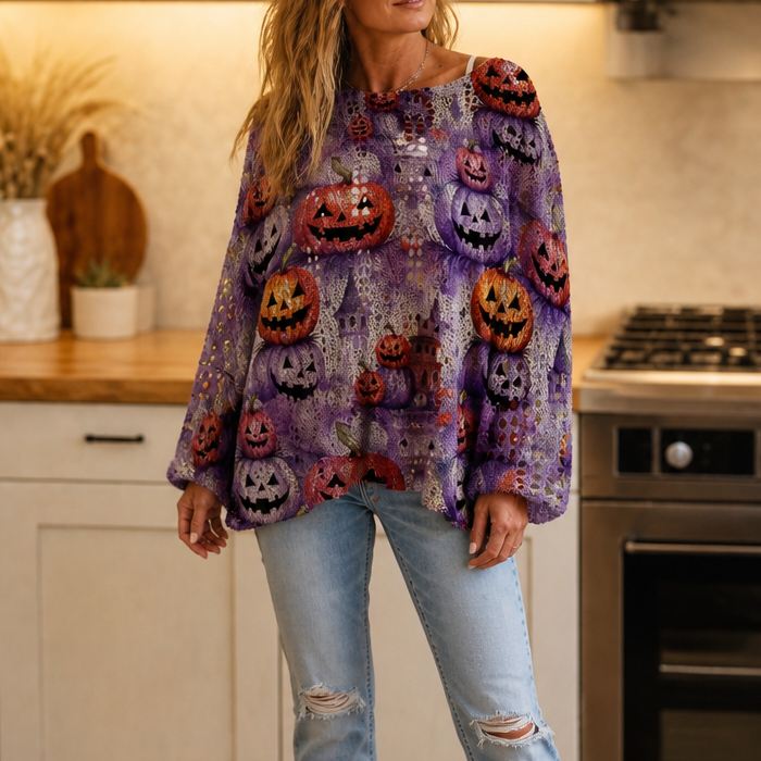 Harvestknit – Sweter z intarsjami w dynie i nietoperze
