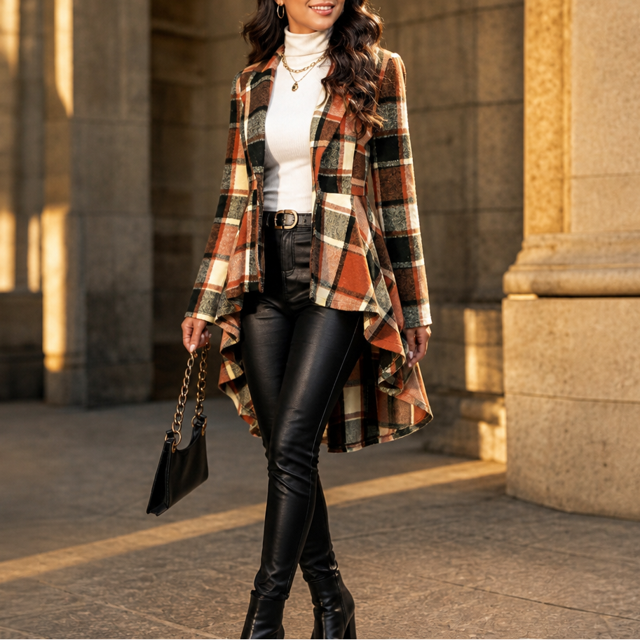Wearbella – Płaszcz Peplum w Kratę z Wcięciem w Talii
