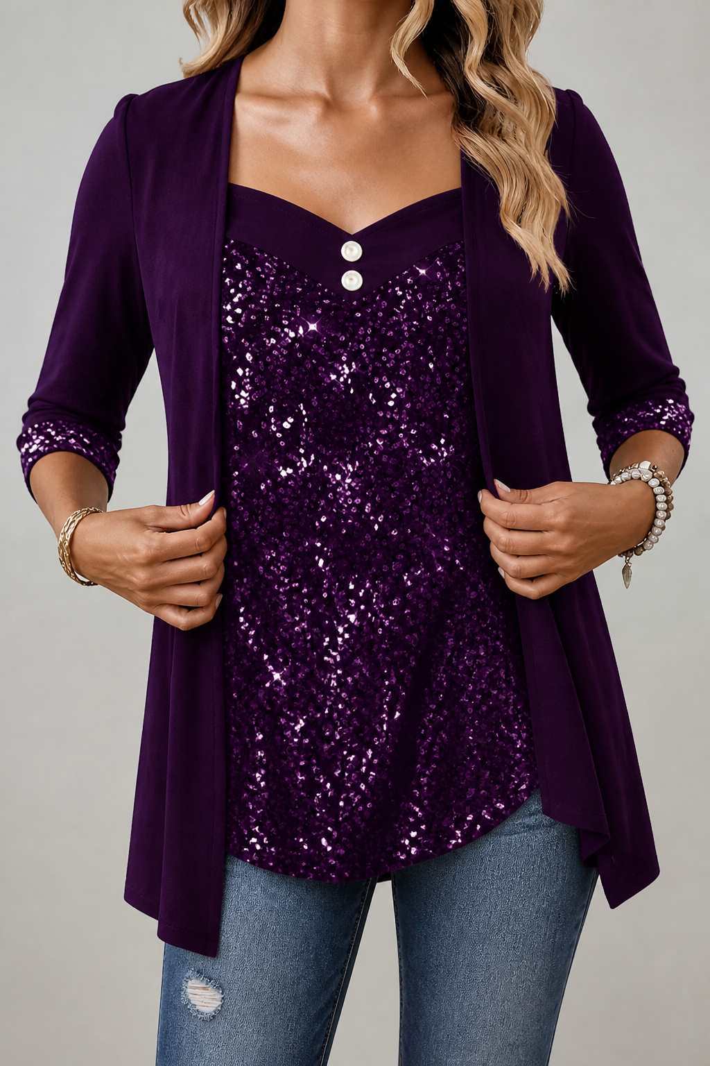 Veluxe Duo – Wieczorowy top z cekinowym przodem w stylu mock-layer