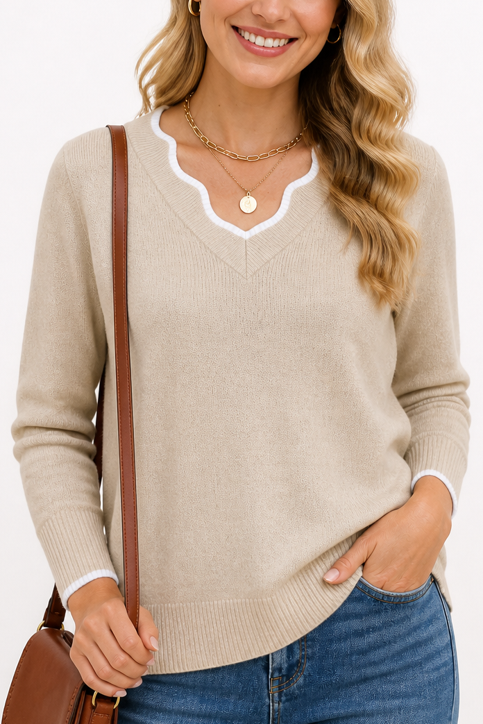 Wearbella – Sweter z falbaniastym wykończeniem przy dekolcie w kształcie litery V