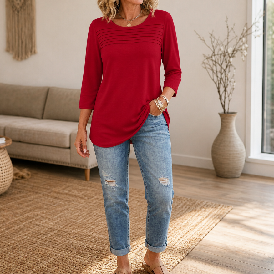 Pleatelle – Casualowy top z plisowanymi rękawami do trzech ćwiartek