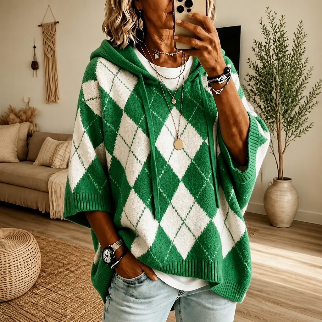 Wrapbella – Sweter Poncho z Kapturem w Wzór Argyle