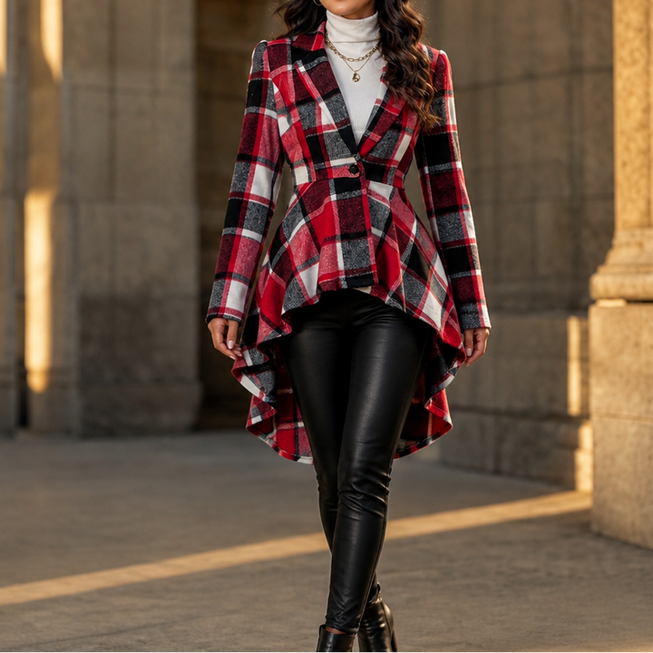 Wearbella – Płaszcz Peplum w Kratę z Wcięciem w Talii