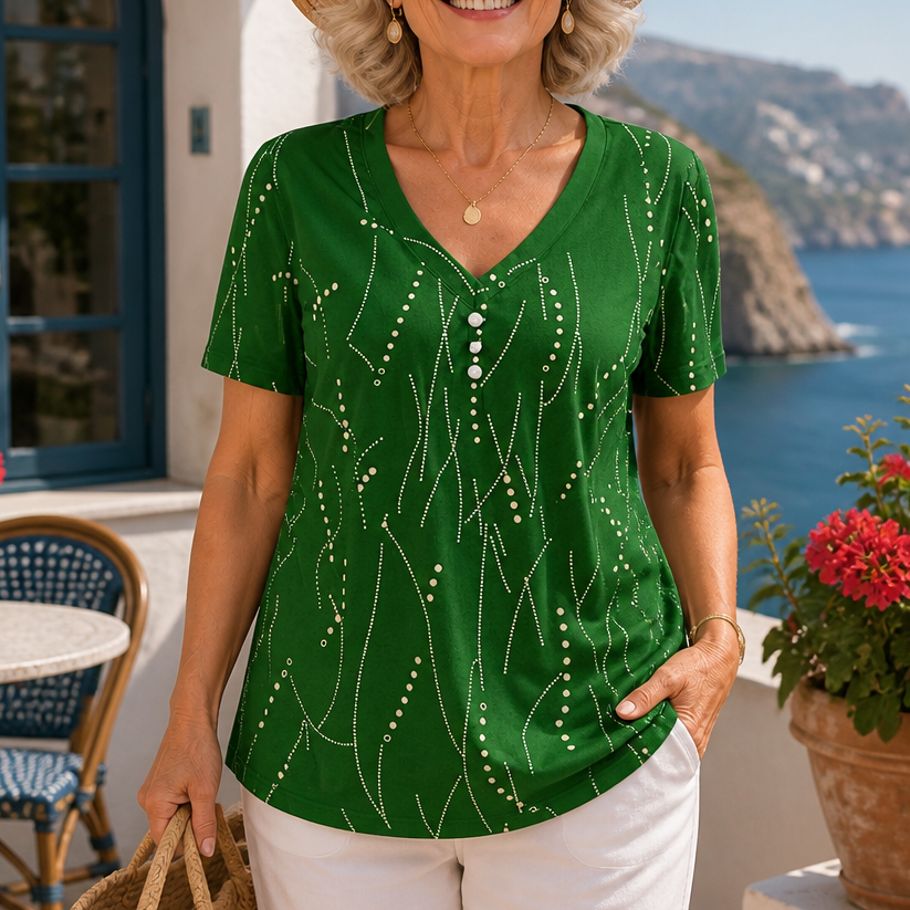 Vivelyn – Bluzka V-Neck z Wymiarowym Printem