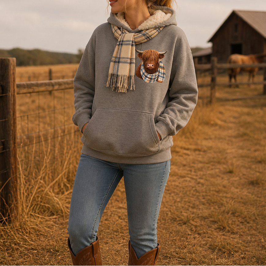 Highland Hearth – Bluza z kapturem z polarem w środku z grafiką Highland Cow