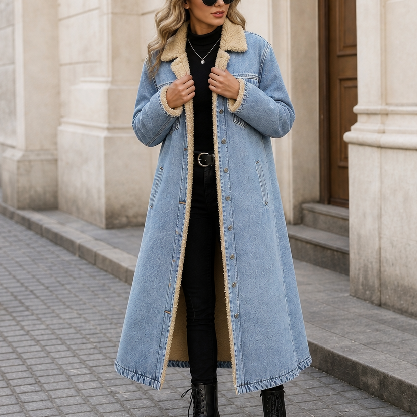 Denora – Długi płaszcz dżinsowy z podszewką z teddy