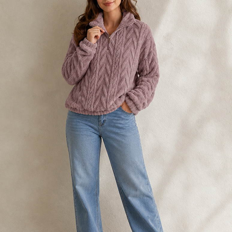 Cable &amp; Cozy – Sweter z dzianiny warkoczowej z krótkim zamkiem
