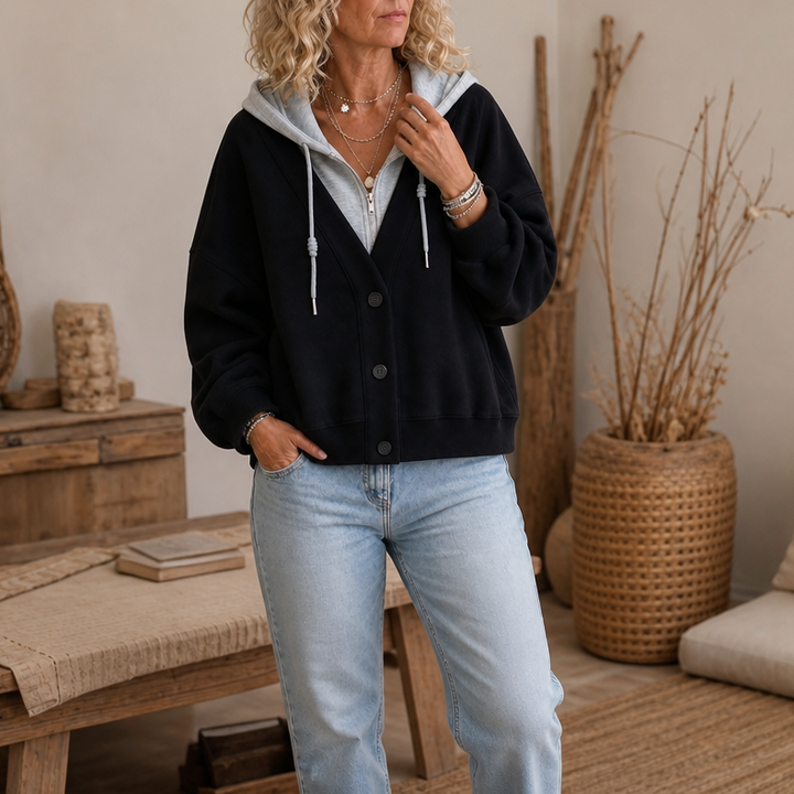 Layerelle – Kolorowy Blokowany Hoodie z Faux-Warstwą i Dekoltem w Serek