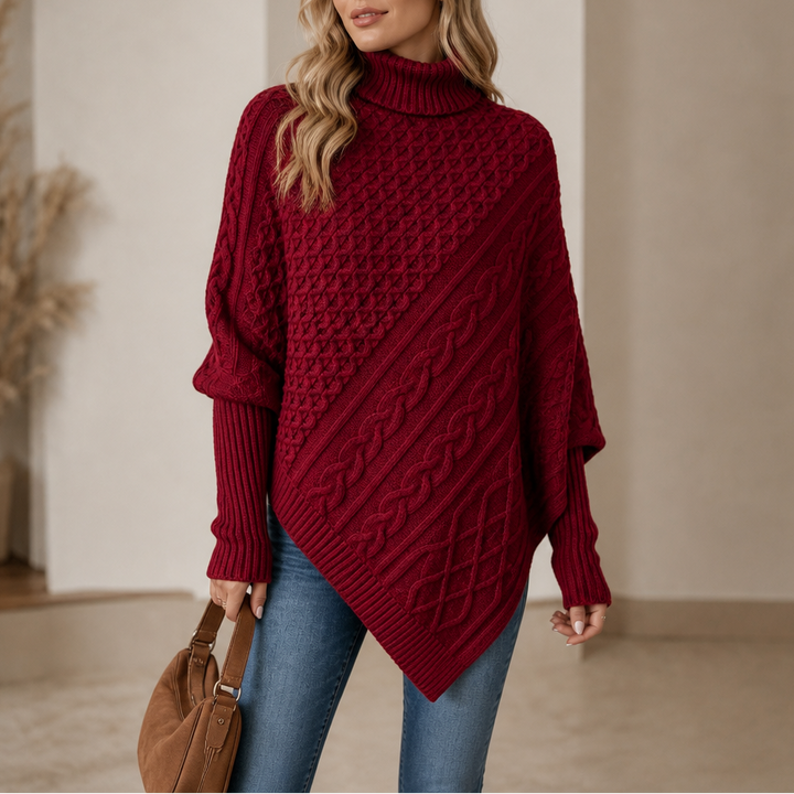 Cable &amp; Cove – Sweter Poncho z Golfem w Warkocze