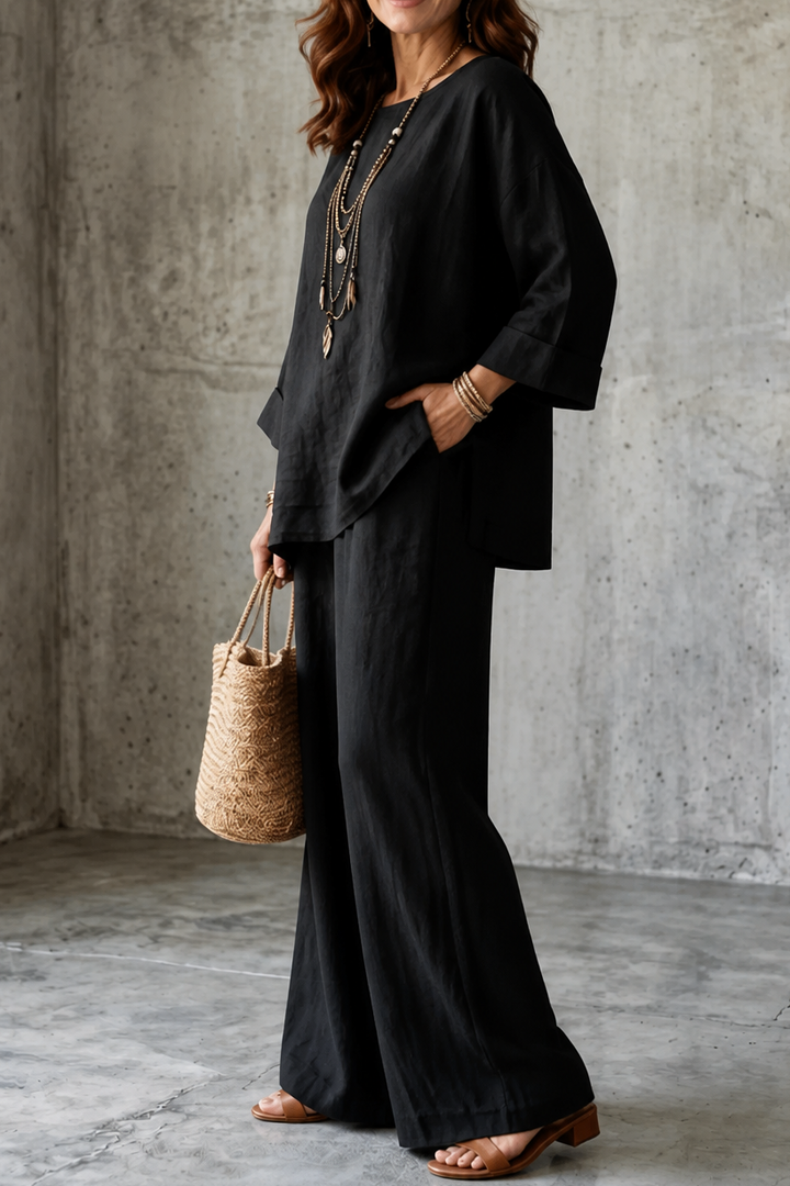 Wearlette – Zestaw Dwuczęściowy z Szerokimi Nogawkami w Stylu Lnianym