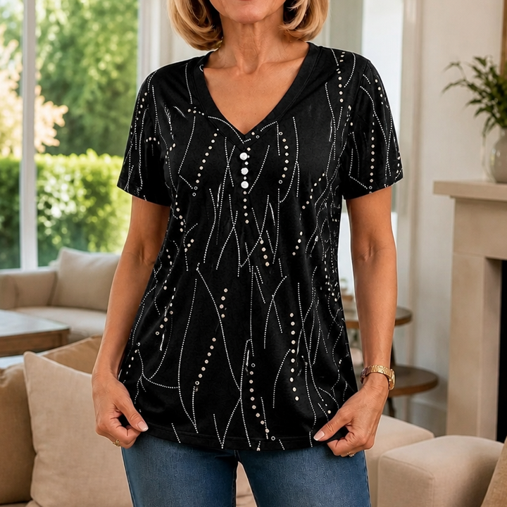 Vivelyn – Bluzka V-Neck z Wymiarowym Printem