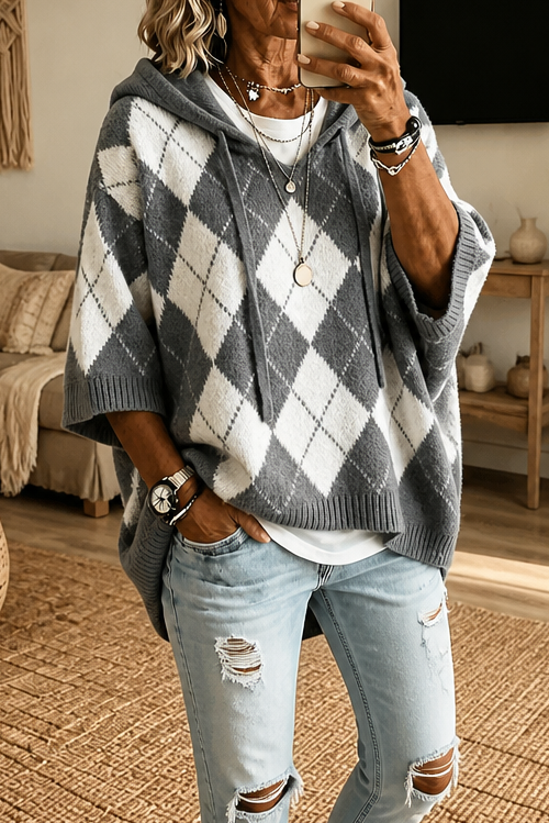 Wrapbella – Sweter Poncho z Kapturem w Wzór Argyle