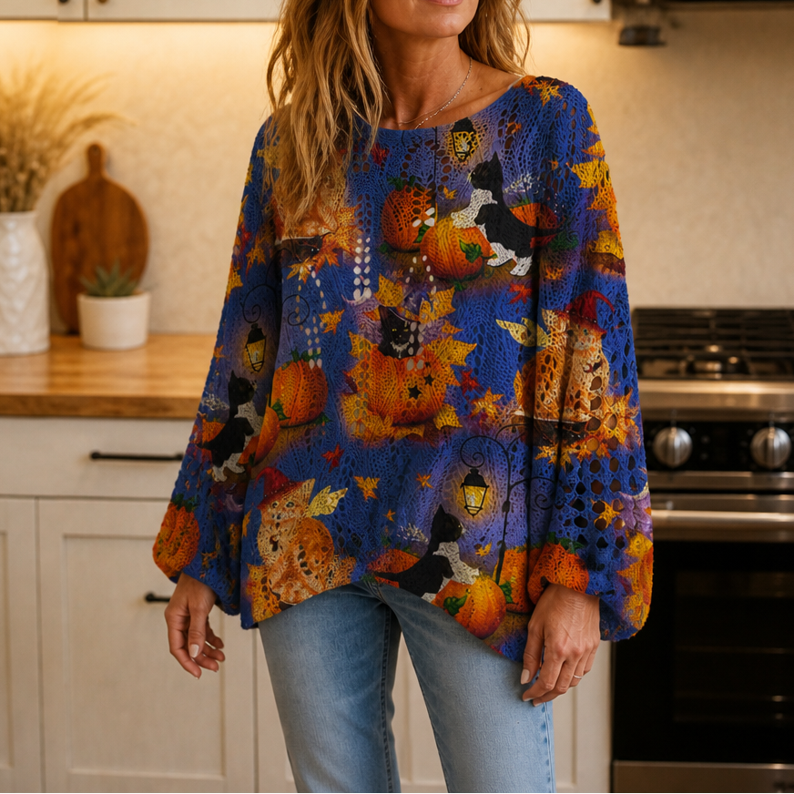 Harvestknit – Sweter z intarsjami w dynie i nietoperze