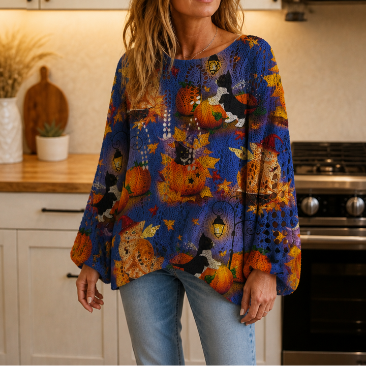 Harvestknit – Sweter z intarsjami w dynie i nietoperze