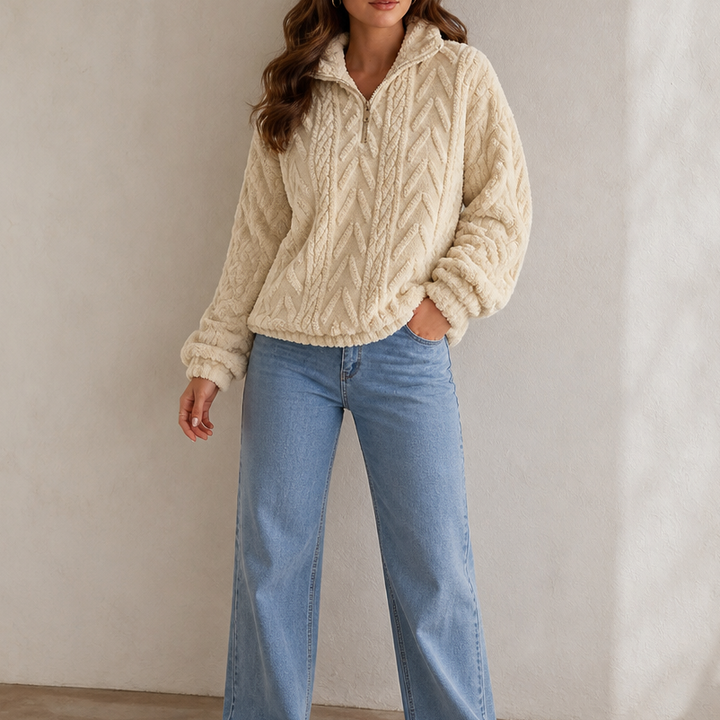 Cable &amp; Cozy – Sweter z dzianiny warkoczowej z krótkim zamkiem