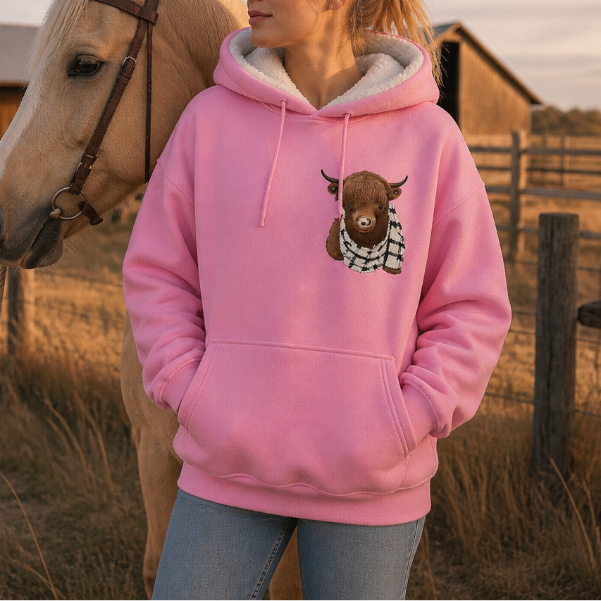 Highland Hearth – Bluza z kapturem z polarem w środku z grafiką Highland Cow