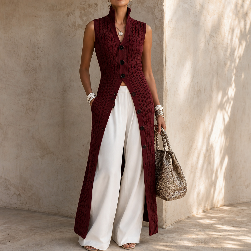 Elara Knit – Długi Kamizelka w Stylu Splotu Kablowego