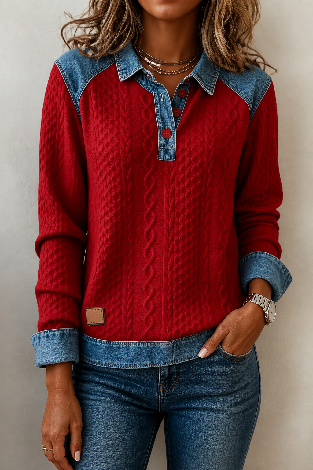 Layerlyn – Bluzka dzianinowa z denimu w patchworkowym wzorze