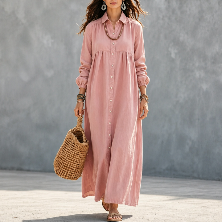 Linalle – Sukienka maxi z przodu na guziki w stylu lnianym