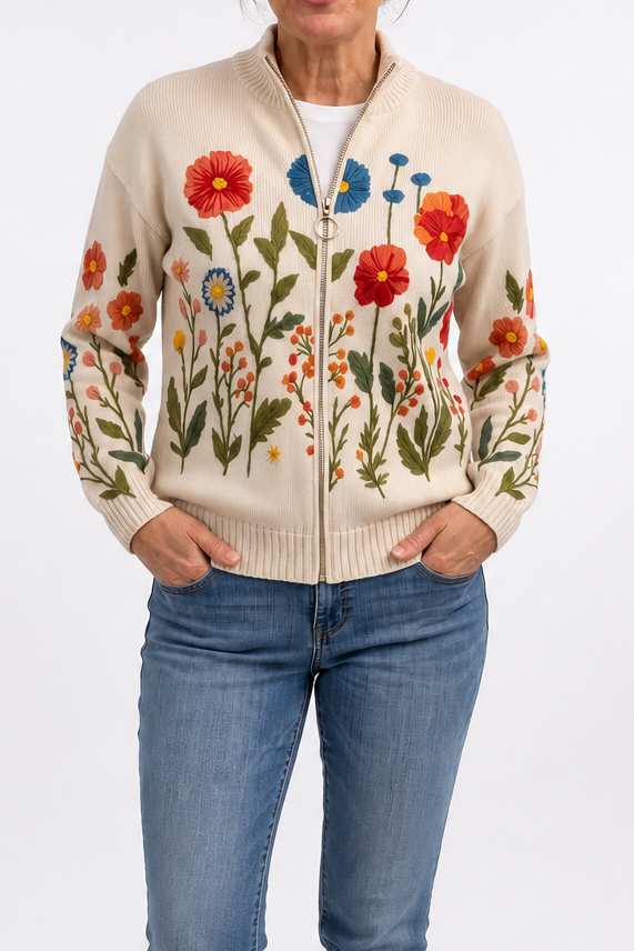 Threezip – Kardigan bomber z nadrukiem botanicznym na zamek