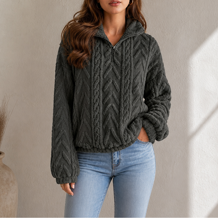 Cable &amp; Cozy – Sweter z dzianiny warkoczowej z krótkim zamkiem