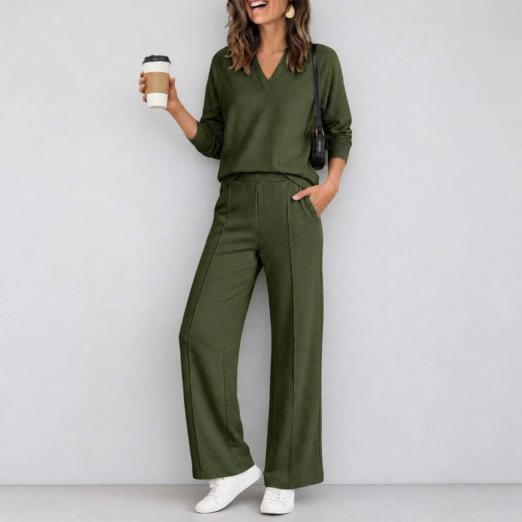 Wearbella – Zestaw z dzianinowym topem w serek i szerokimi spodniami