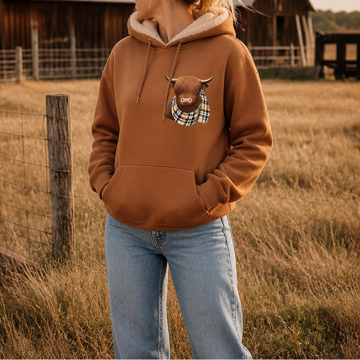 Highland Hearth – Bluza z kapturem z polarem w środku z grafiką Highland Cow